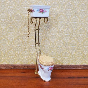 Reutter&#39;s Dollhouse Toilet High Tank Vintage Style Porcelain 1:12 Scale Dresden Rose Pattern