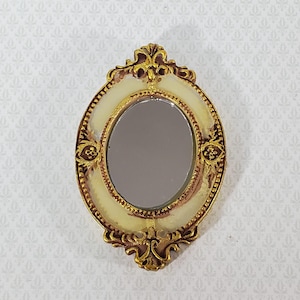 Dollhouse Large Mirror Oval Ornate Gold Cream Miniature Decor 3 5/16" x 2 1/8" image 1
