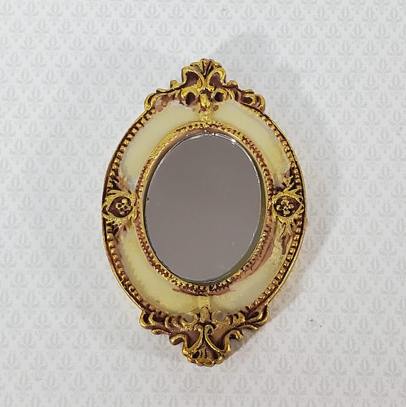 Dollhouse Large Mirror Oval Ornate Gold Cream Miniature Decor 3 5/16" x 2 1/8"