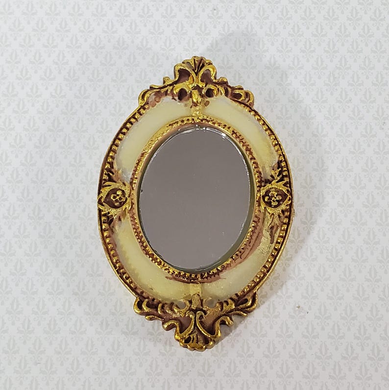 Dollhouse Large Mirror Oval Ornate Gold Cream Miniature Decor 3 5/16" x 2 1/8" image 1