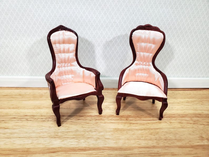 Dollhouse Gentlemen's Chair Victorian Pink & Mahogany Finish 1:12 Scale Miniature Furniture immagine 6