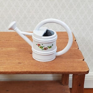 Dollhouse Metal Watering Can with Handle White w/ Flower Design 1:12 Scale Miniature Garden