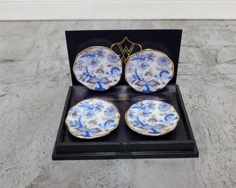 Dollhouse Plates Blue White Gold Trim Set of 4 Reutter Porcelain 1:12 Scale Miniatures