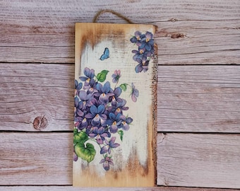 Violet Flower Wooden Wall Plaque: French Country Decor