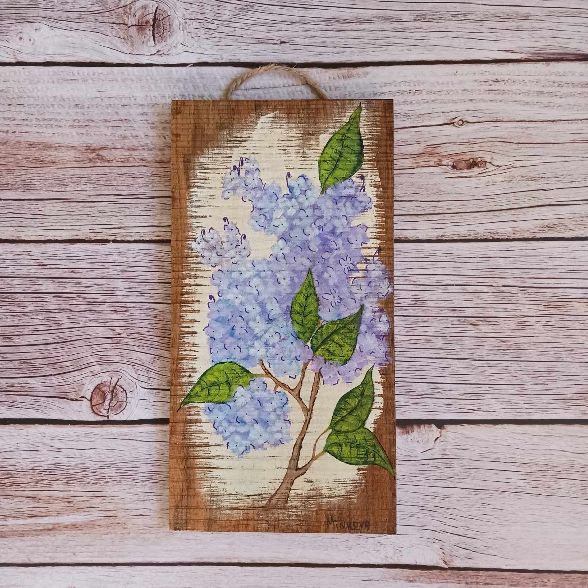 Lilac painting, Reclaimed Barnwood plank, Original acrylic painting, Handmade wall art, Walnut plank, Kitchen plaque, Handmade decor