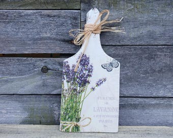 Tagliere decorativo con decoupage alla lavanda - Decorazione murale per cucina in stile country francese - Insegna floreale con fiori di Provenza