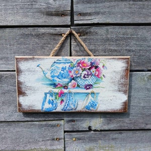 Country kitchen, Cottage decor, English tea, English Cottage wall plank, Kitchen wall decor, Teapot, Teacups plaque, Coffee cups plank