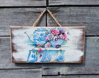 English Cottage Wooden Wall Plaque: Teapot & Teacups Shabby Chic Decor