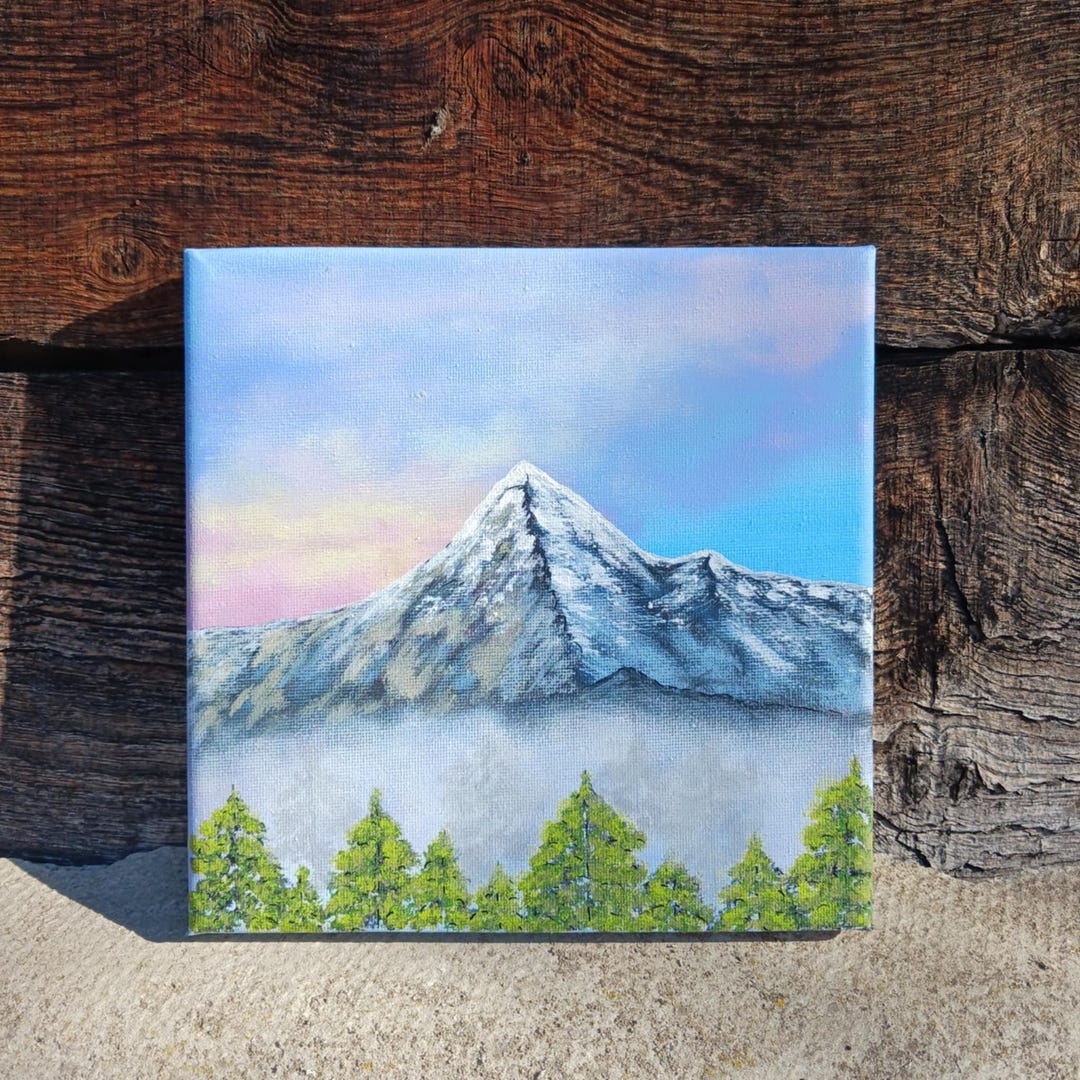 Original Mountain Canvas Painting - Snowy Peak Wall Art With Pine Trees ...