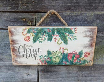 Decoupage Merry Christmas Wood Sign, Winter Holiday Decor