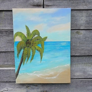 Ocean acrylic painting, Palm tree art, Beach painting, Original sea painting, Blue ocean decor,  Acrylic canvas, Ocean and beach wall art