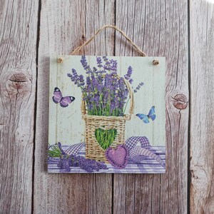 Kwiaty lawendy, Drewno decoupage, Kosz lawendy, Dekoracja ścienna domku, Fioletowa sztuka ścienna, Lawenda prowansalska, Dekoracja wiejska