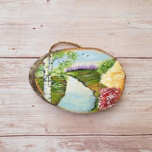 Original acrylic landscape painting, Livingroom painting on wood, landscape art, Colorful landscape, River trees painting, kitchen wood sign