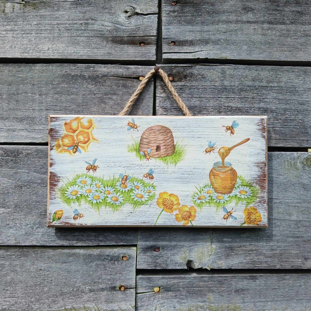 kitchen wall art | bee art print | honey bee decor |... Bee Kitchen Decor: Honeycomb & Daisy Wooden Plaque - Etsy