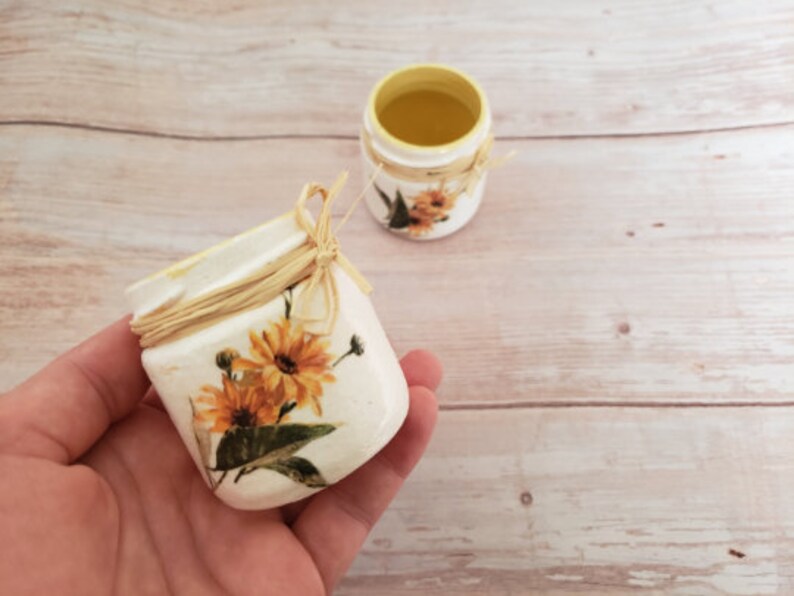 Decoupage Mason Jar Set of 3 Yellow Mason Jar Q Tip Holder Etsy