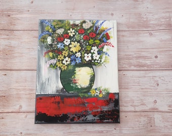 Original akrylblommålning: Blombukett på kanvas i vas (11x14)