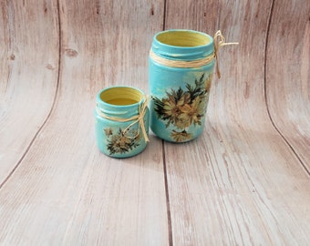 Floral jar bathroom set, Q tip set, turquoise and yellow jar set, Rustic jar bathroom set, Girls bathroom accessories, Floral jar décor