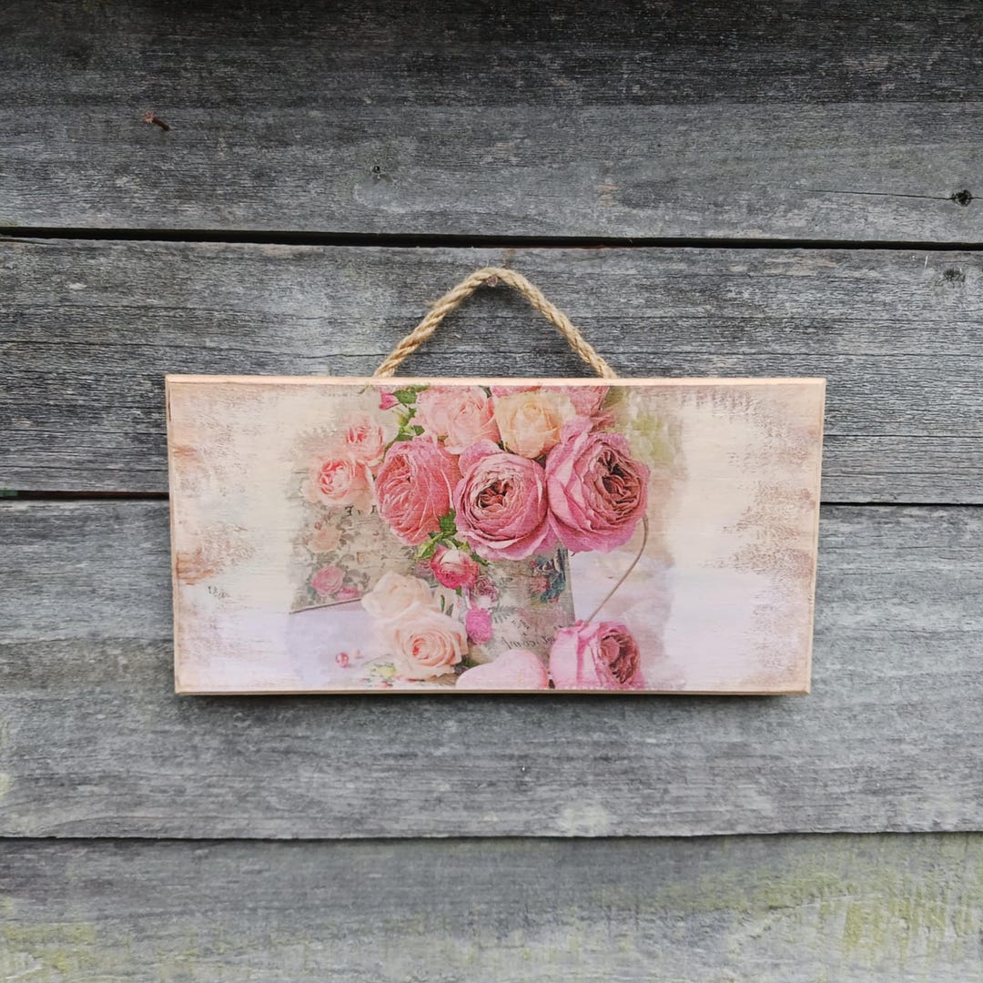 Pink Cottage Rose Decoupage Wall Art | Shabby Chic Floral Wood Plaque ...
