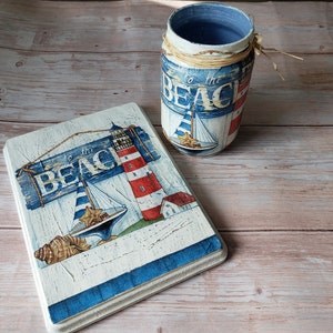 Tarro de playa con decoupage: decoración costera náutica, regalo para casa de playa