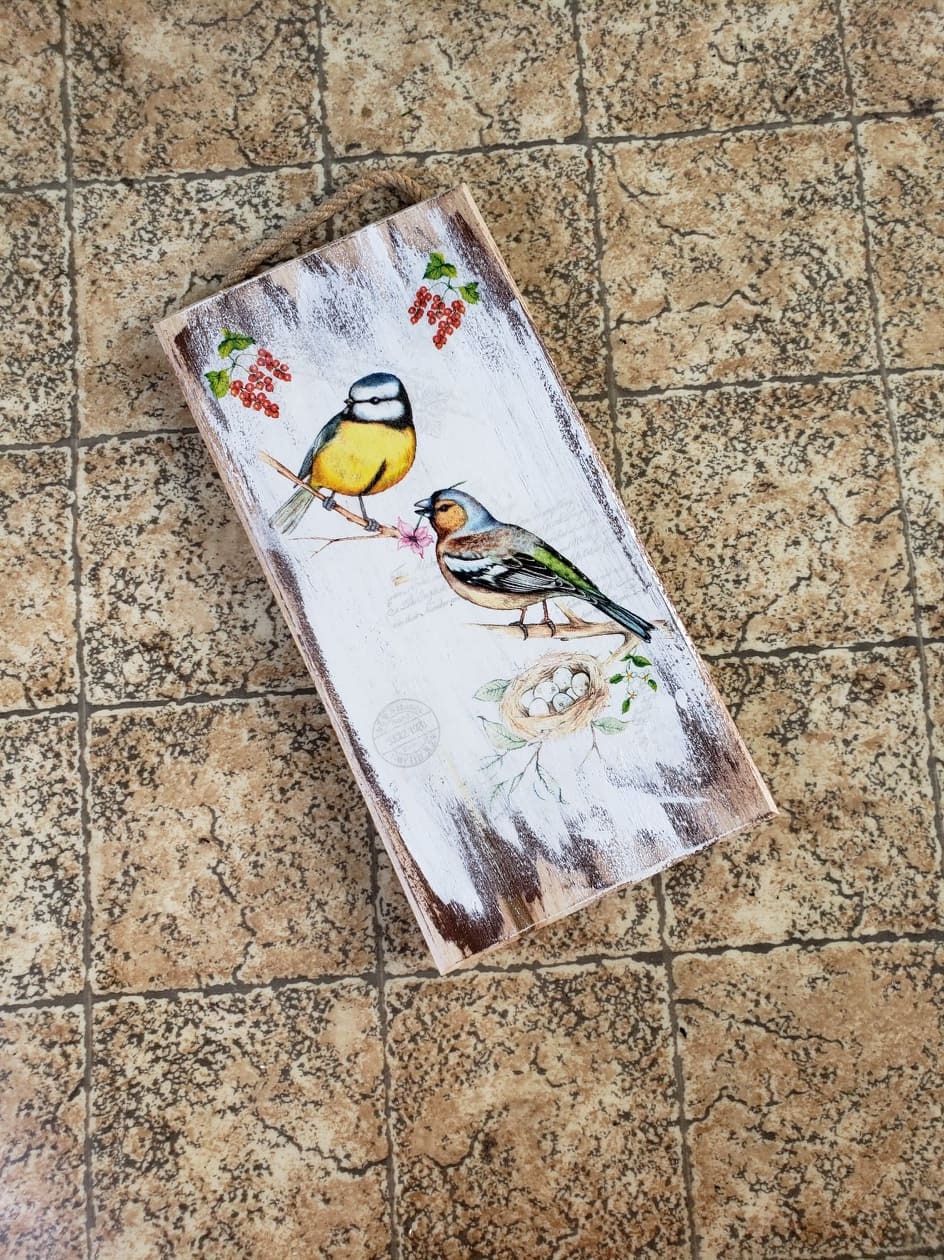 Kitchen Wall Art With Two Birds Wood Plank With Birds Etsy