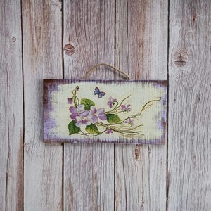 Purple violets, Wild violets, Flower decoupage, Violets wall decor, Hanging floral art, Blue butterfly, Botanical art, Wild purple flowers