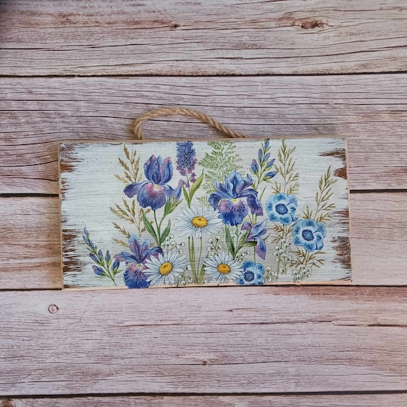 Handmade Floral Decoupage Wooden Plank: Violet, Lavender, Daisy Wall Decor