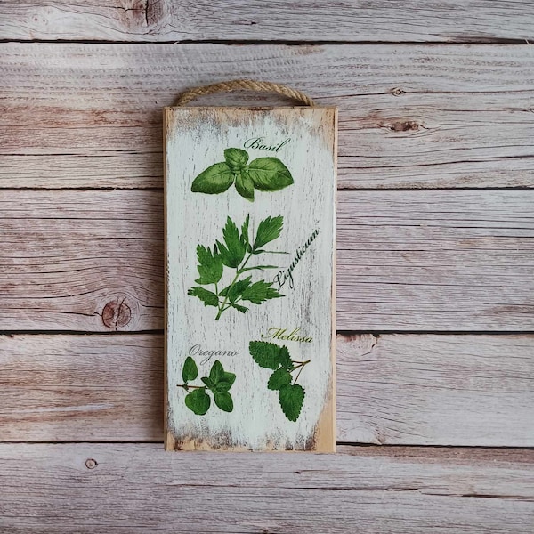 Herbs and spices, Garden herbs, Herbs decoration, Kitchen wood plaque, Rustic home décor, Basil plaque, Culinary Herbs, Wooden plaque