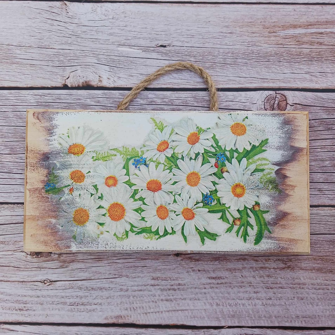 Image showcasing Decoupage Daisy Wooden Plank: Spring Wall Decor - Etsy