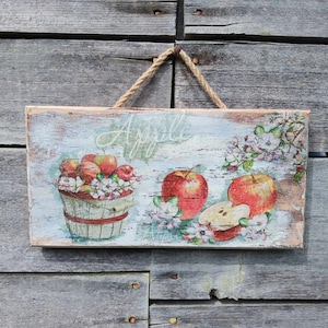 Woodland Farmhouse décor, Rustic Red apple tree, Autumn Wall wood plank, Blossoming apple orchard decoration, French country, Country decor