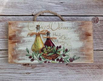 Mediterranean Rustic home décor, Herbs Garden sign, Olive Branch plaque, Kitchen wall décor, Italian cuisine, French country décor plank