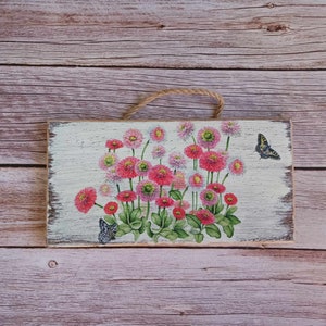 English daisies, Countryside garden, Spring flowers, Rustic wood, Botanical Wall Art, English flowers, Daisy on wood, Pink daisies, Wall art