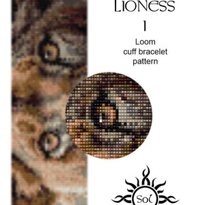 May include: A close-up of a beaded loom bracelet pattern featuring the eyes of a lioness. The pattern is called "Eyes of the Lioness I" and is designed by Sol.