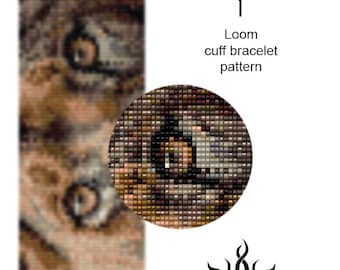 Eyes of the Lioness I - loom cuff beaded bracelet pattern; tutorial, pdf file, animal, lion, african, ethno, jungle style, unisex