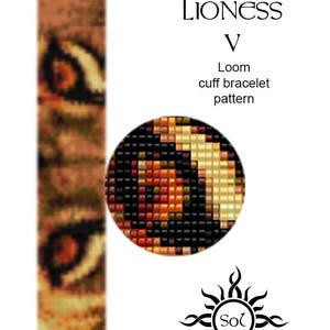 May include: Loom cuff bracelet pattern for a bracelet with a lion's eye design. The pattern is called "Eyes of the Lioness V" and is by Sol.