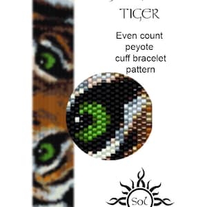 May include: A beaded bracelet pattern featuring an eye of the tiger design. The pattern is for an even count peyote cuff bracelet. The image shows a close-up of the eye of the tiger design, with green, brown, and white beads.