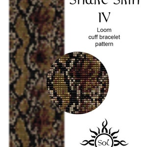 May include: A loom cuff bracelet pattern called "Snake Skin IV" with a brown, black, and beige snake skin pattern. The pattern is designed by Sol.