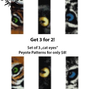 May include: Set of three beading patterns for peyote stitch, featuring close-up images of tiger, black and white, and blue cat eyes. Get 3 for 2! Peyote Patterns for only £8!