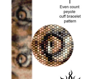 Eyes of the Lioness I - thin version: even peyote cuff beaded bracelet pattern; tutorial, pdf, animal, lion, african, ethno, jungle, unisex