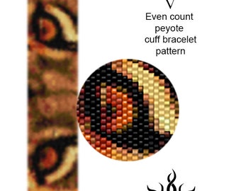 Eyes of the Lioness V - thin version: even peyote cuff beaded bracelet pattern; tutorial, pdf, animal, lion, african, ethno, jungle, unisex
