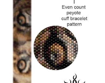 Eyes of the Lioness I - thin long version for him: even peyote cuff beaded bracelet pattern; tutorial, lion, african, ethno, jungle, unisex