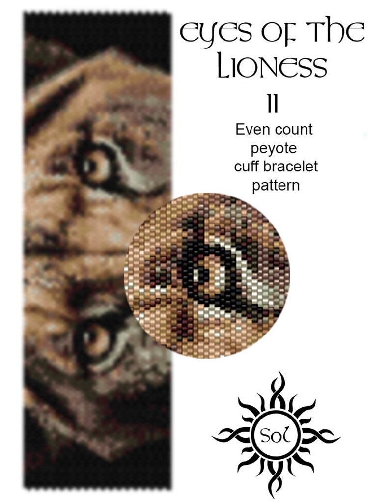 Eyes of the Lioness II even peyote cuff beaded bracelet pattern tutorial, pdf file, animal, lion, african, ethno, jungle style, unisex image 1