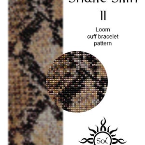 May include: A loom cuff bracelet pattern called "Snake Skin II" with a brown, black, and white snake skin design. The pattern is by Sol.
