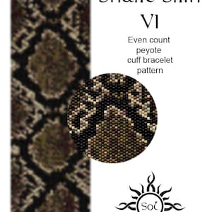 May include: A beaded bracelet pattern called "Snake Skin VI" with an even count peyote stitch. The pattern is for a cuff bracelet. The image shows a close-up of the pattern and a stylized sun with the word "Sol" inside.