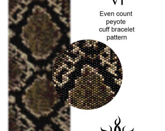SNAKE SKIN VI - even peyote cuff beaded bracelet pattern; tutorial, pdf file, miyuki delica, animal print, python, african, reptile, unisex