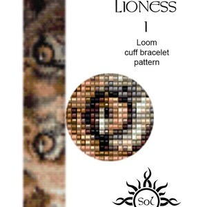 Puede incluir: Un patrón de brazalete de puño de telar llamado "Eyes of the Lioness" con una imagen de primer plano del patrón. El patrón está hecho de pequeñas cuentas en varios tonos de marrón, negro y blanco. El patrón está diseñado por Sol.