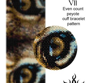 Eyes of the Lioness VII - even peyote cuff beaded bracelet pattern; tutorial, pdf file, animal, lion, african, ethno, jungle style, unisex