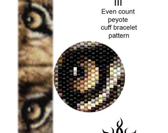 Eyes of the Lioness III- thin version: even peyote cuff beaded bracelet pattern; tutorial, pdf, animal, lion, african, ethno, jungle, unisex