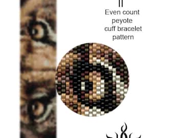 Eyes of the Lioness II - thin version: even peyote cuff beaded bracelet pattern; tutorial, pdf, animal, lion, african, ethno, jungle, unisex