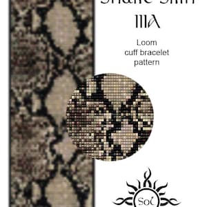 May include: A loom cuff bracelet pattern with a snake skin design. The pattern is in black, brown, and beige. The pattern is called "Snake Skin IIIa" and is by Sol.
