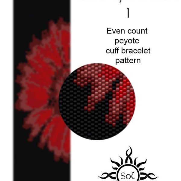 Red Gerbera I - even peyote cuff beaded bracelet pattern; tutorial, pdf file, 7 colours only